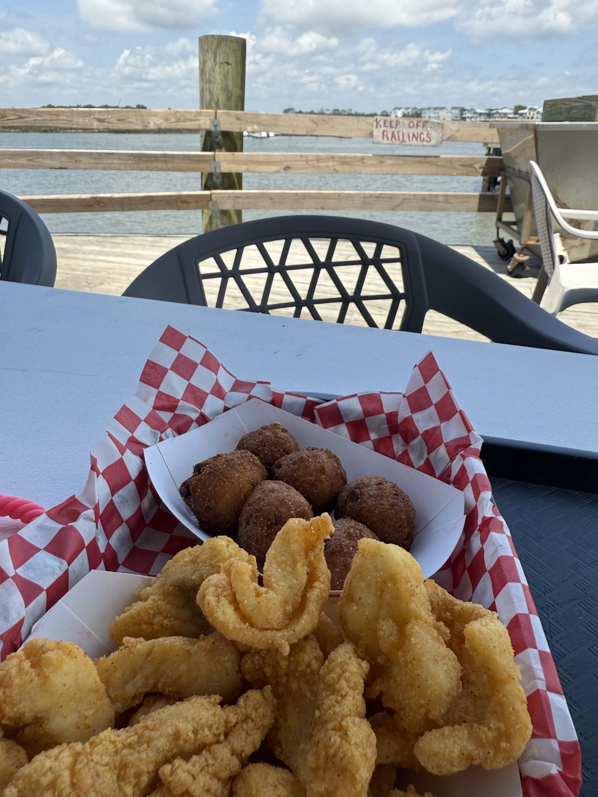 Plate of fried fish from Crosby's Food Truck on Folly Beach.